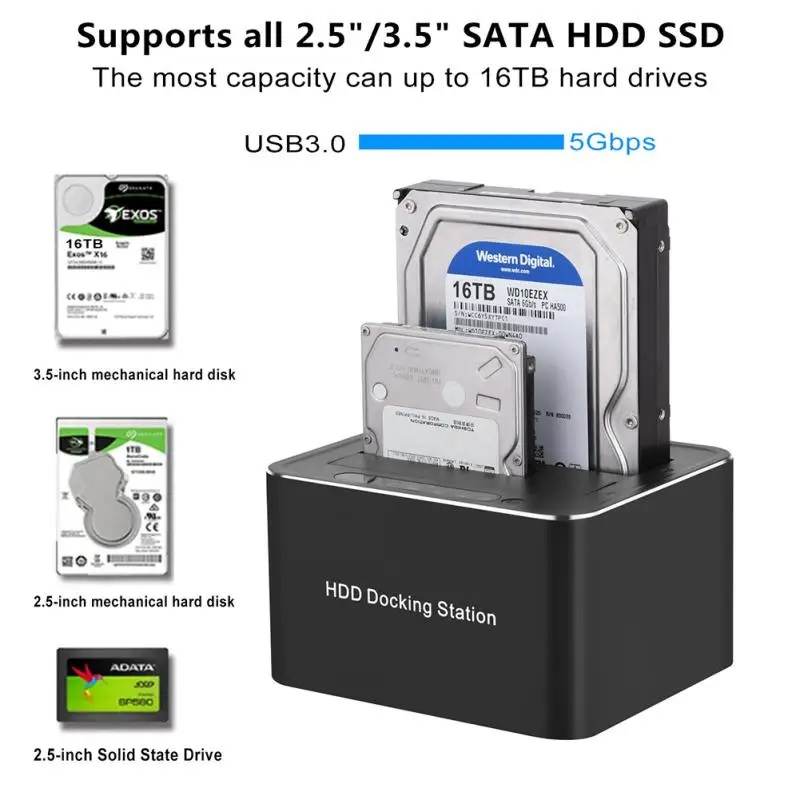 

Адаптер Внешний жесткий с двумя отсеками для 2,5/3,5 дюймового Hdd Ssd Sata к Usb 3,0 Hdd поддерживает офлайн-клонирование привода док-станция офлайн клон