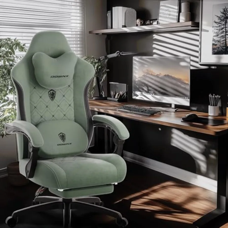 Gaming Chair for Adults with Heated Massage Lumbar Support, Fabric Upholstery in Black, Ergonomic Design with Pocket Spring Cus