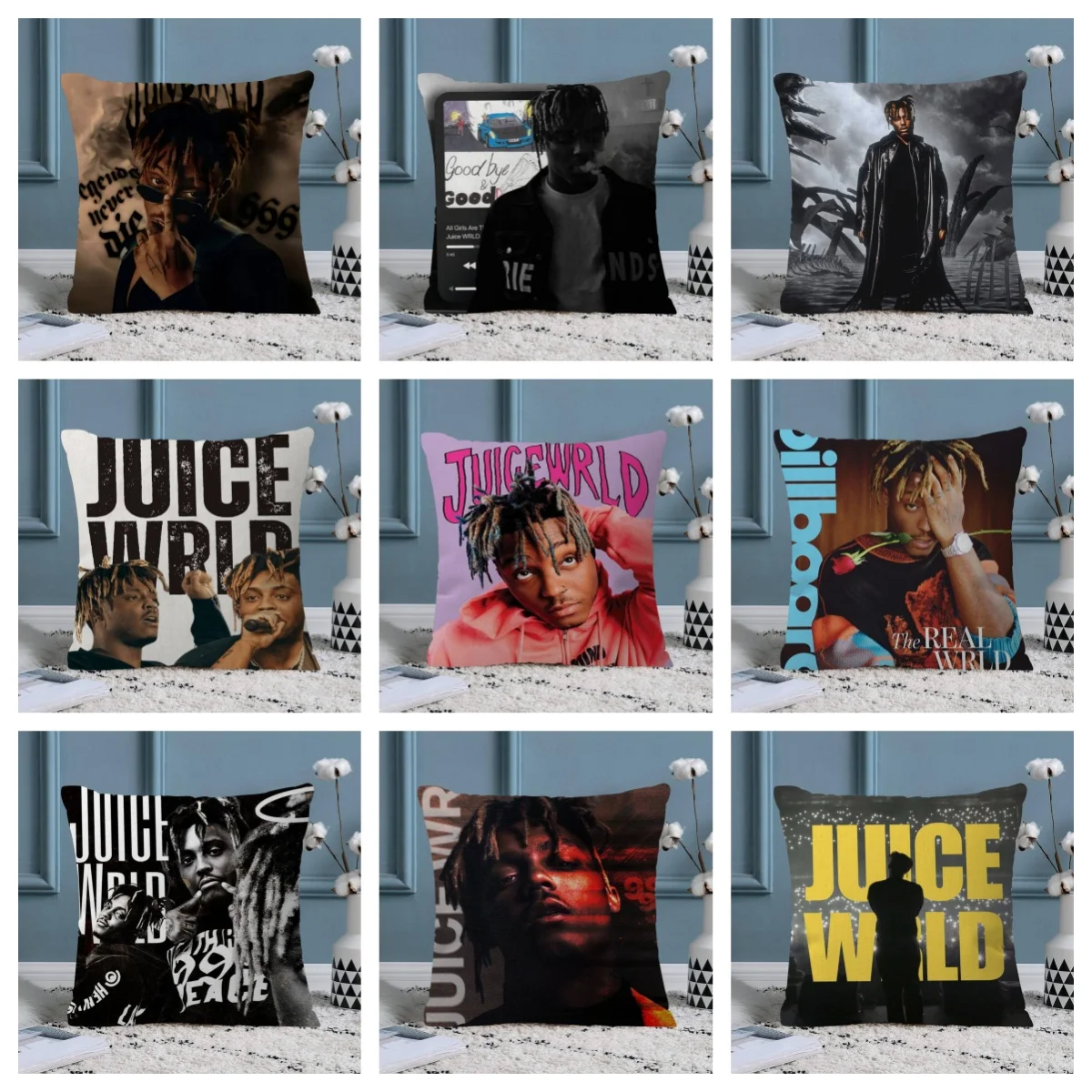 1pc Juice WRLD Pillow Cover, Polyester 2D Double-Sided Print, Rapper Portrait & Lyrics Art, Hip-Hop Fan Home & Car Decor Gift