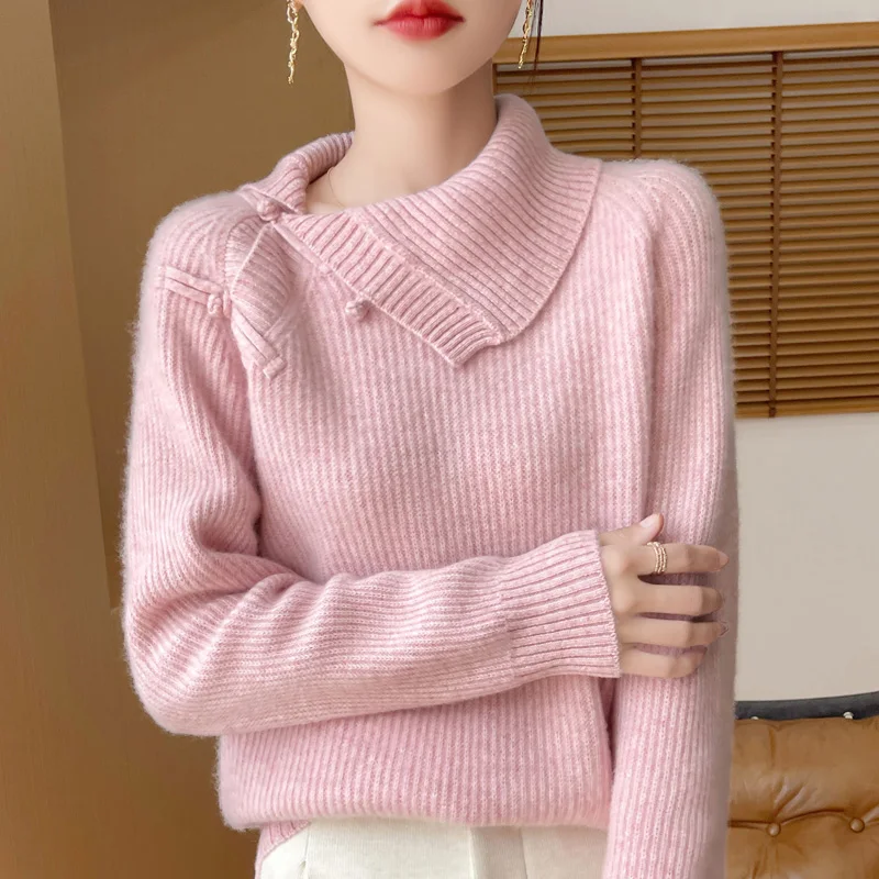 Autumn Winter New Sweater Women\'s Clothing 100% Wool Collar Knitted Pullover Fashion Chinese Style Retro Knitted Warm Tops