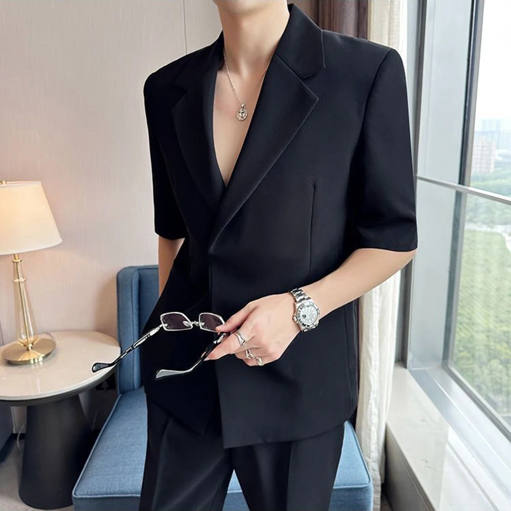 2026 Autumn Men's Solid Color Short-Sleeve Suit Jacket American Retro Fashion Trend High Street Casual Loose Simple Men's Top