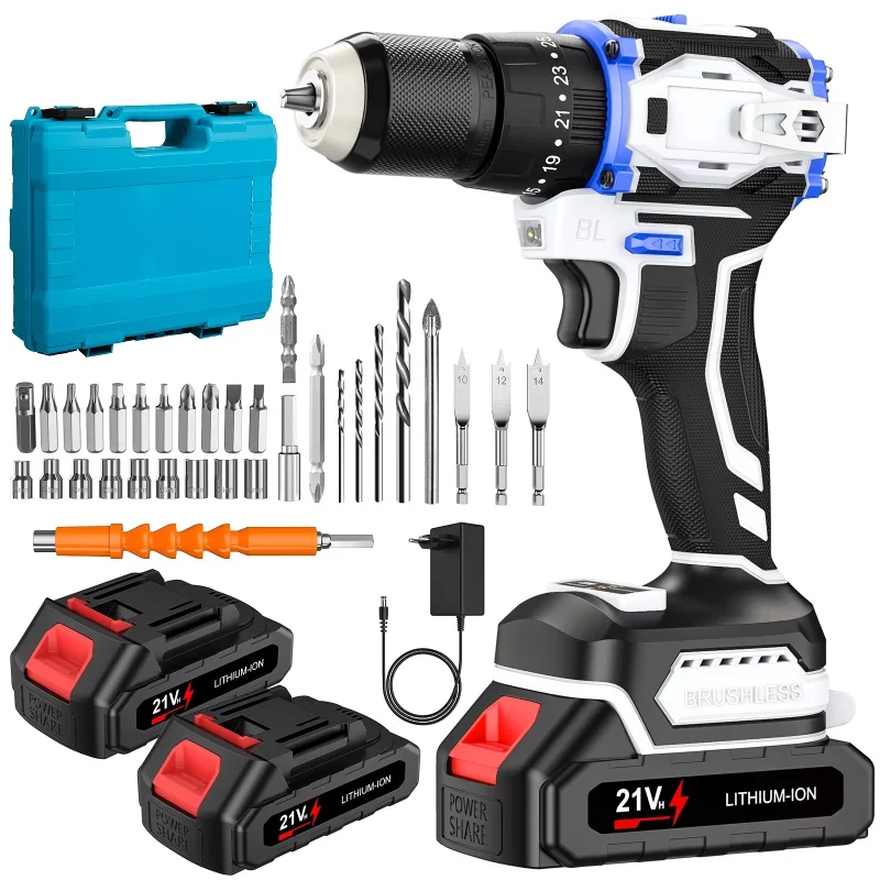Perceuse à percussion sans balais 21V, tournevis électrique, batterie lithium-ion, 25+1 réglages de couple, marteau perforateur électrique, 1800 tr/min, outil électrique