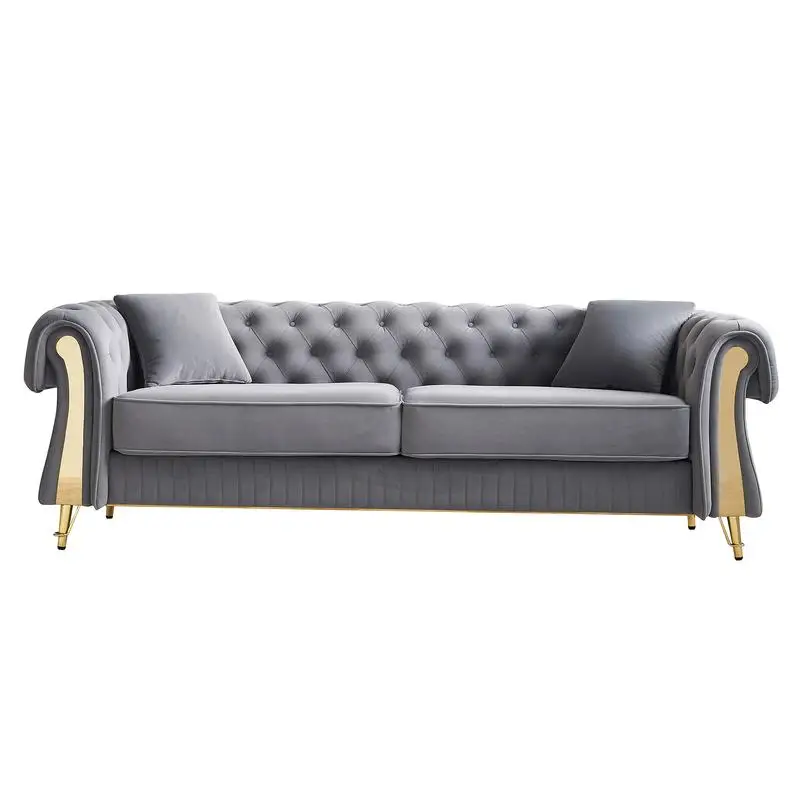 

Modern Tufted Velvet Living Room Sofa, 84.25" Wide Couch, Light Gray Color