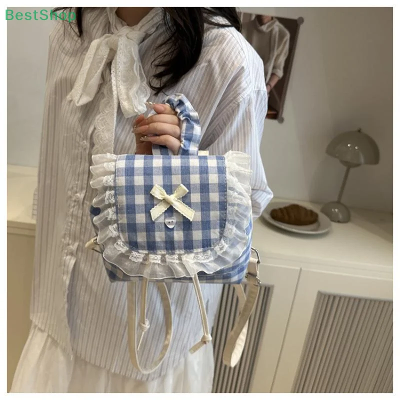♥♥♥Korean Style Lace Plaid Backpack Large Capacity Travel Canvas Shoulder Bag