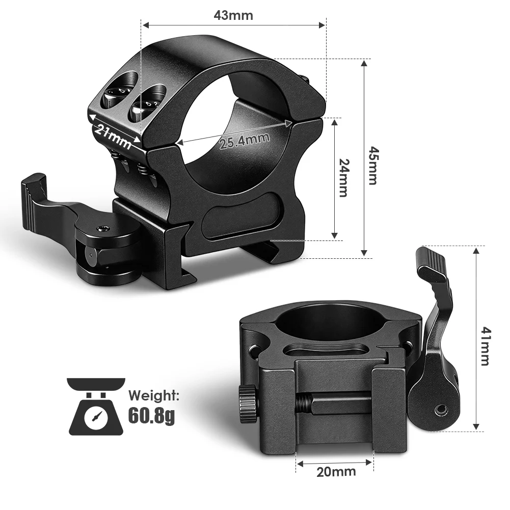UniqueFire 1" 25.4mm Quick Release Precision Rifle Scope Rings Aluminum Picatinny Rail Base Fixed with 20mm Picatinny