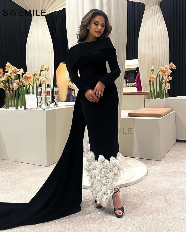 SWEMILE Black Hand-Made Flowers Floor-Length Chiffon Long Sleeves Zipper Up Elegant Party Dresses For Women 2024 Evening Dress