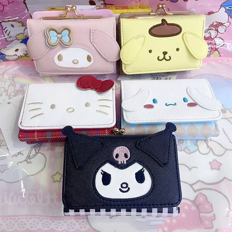 Sanrio My Melody Hello Kitty Bag Kawaii Cinnamonll Kuromi Casual Fashion PU Leather Wallet Cute Folding Card Bags Birthday Gifts