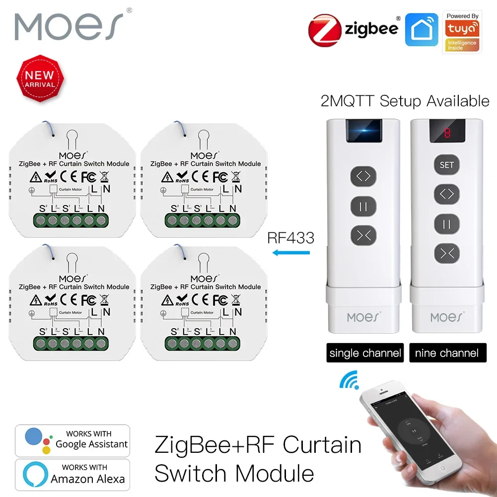 

Moes ZigBee Smart RF433 Curtain Switch Module for Motorized Roller Shutter Blinds Motor 2MQTT Smart Life APP Alexa Google Home