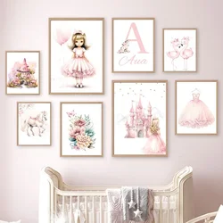 Pink Princess Castle Horse Flamingo Name Custom Nursery Wall Art Canvas Painting Posters And Prints Pictures For Girl Room Decor