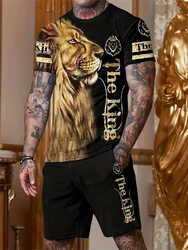 2024 Summer Men's Casual Home Suit 3D Lion Vintage Printed Round Neck Short Sleeve Shorts Two Piece Drawstring Shorts Party Suit
