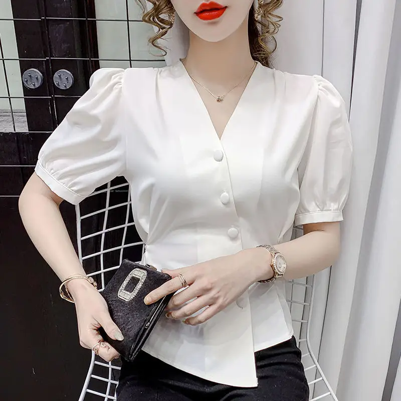 Elegant V-Neck Button Lace Up Bow Irregular Puff Sleeve Shirt Female Clothing 2023 Summer New Casual Tops Asymmetrical Blouse