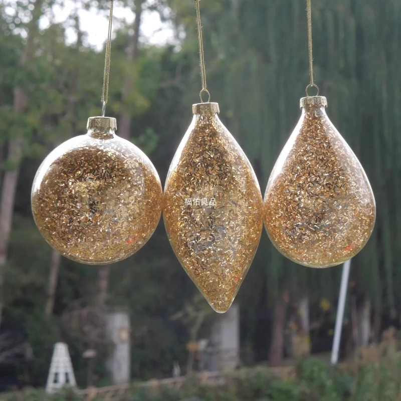 4pcs/pack Different Shape Inner Gold Chips Transparent Glass Pendant Christmas Hanging Globe Decorative Cone Drop Onion Hanger