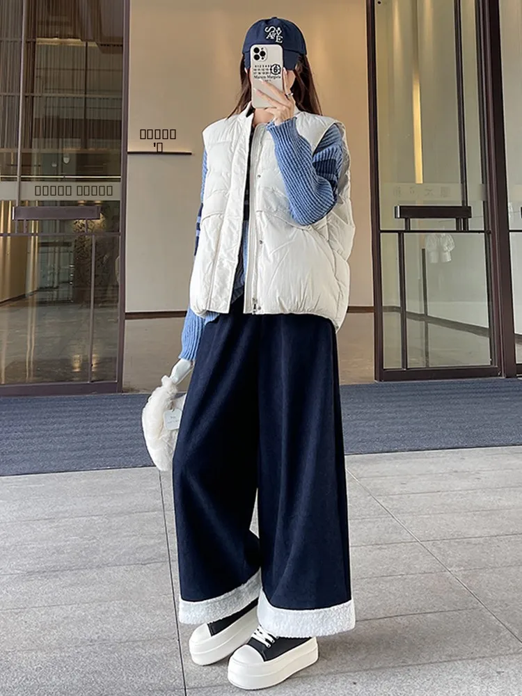 

Women's Corduroy Lamb Fur Wide Leg Pants Autumn Winter New Straight Leg Patchwork Slimming Casual Trousers High Waist Elastic