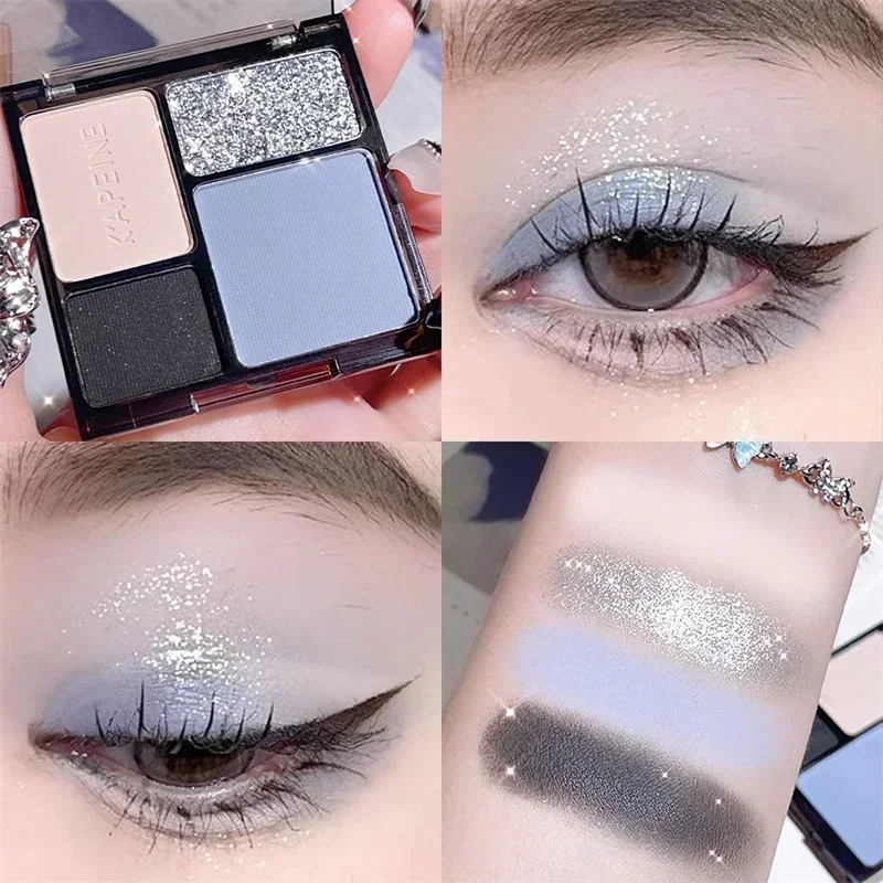 4-Color Glitter Blue Eyeshadow Palette Matte Pearl Shimmer Korean Acrylic Smoky Eye Shadow Palette Long Lasting Makeup Cosmetics