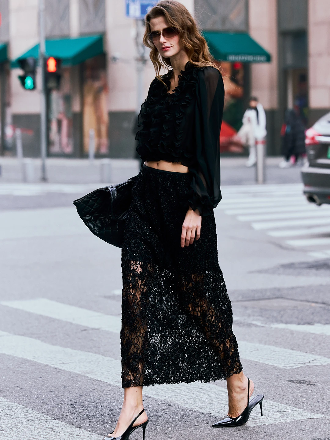

Luna7xi Vintage Lace Trim Long Sleeve V-Neck Women's Chiffon Base Shirt Semi-Transparent Folded Design Casual Loose Fit