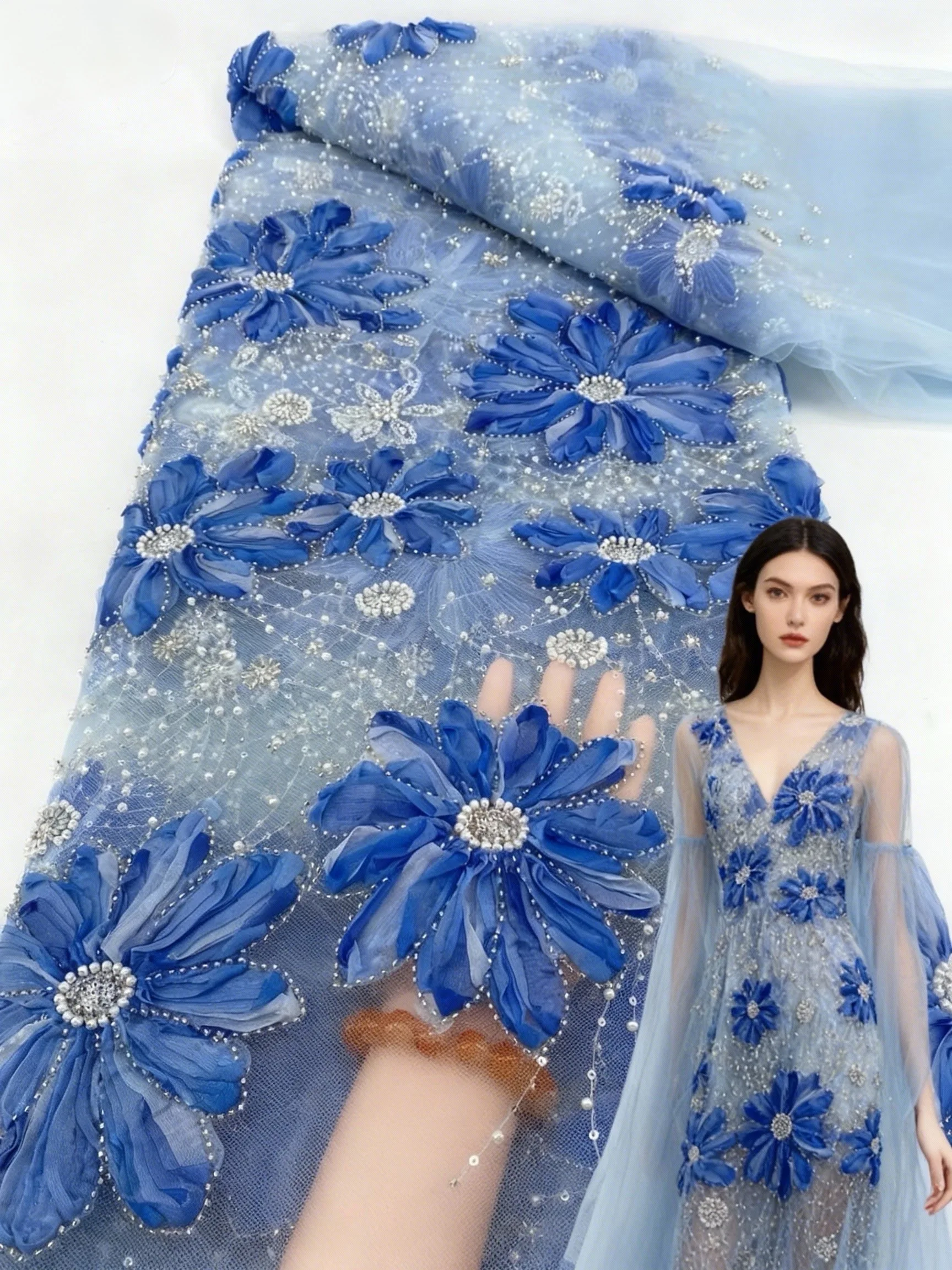 

5 Yards African Sequins Lace Fabric 2025 High-Quality Beads Nigeria French Mesh Tulle Lace For Sewing Luxury Wedding Party Dress