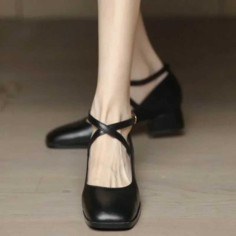 2024 New Women's Dress Shoes Medium High Heels High Heels Ankle Lace-up Women's Fashion Simple Shoes Office Shoes Women Pumps