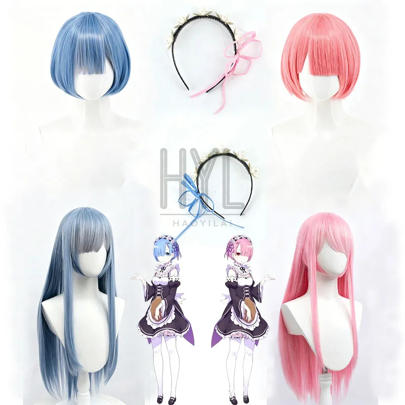 Anime Re:Zero Rem Ram Cosplay Perücke Blau Rosa Kurze Lange Kunsthaar-Kopfbedeckung für Frauen Männer Halloween Karneval Party Kostüm
