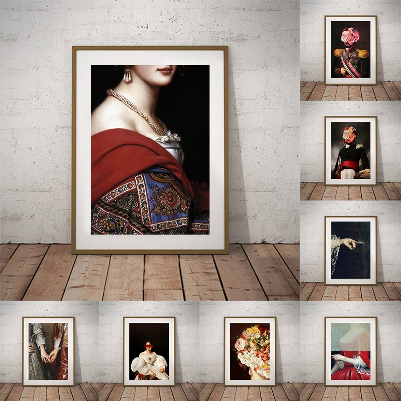 1PC  Altered Vintage Female Portrait Poster Eclectic Art Prints Feminine Oil Painting on Canvas Surreal Rococo Baroque Wall D