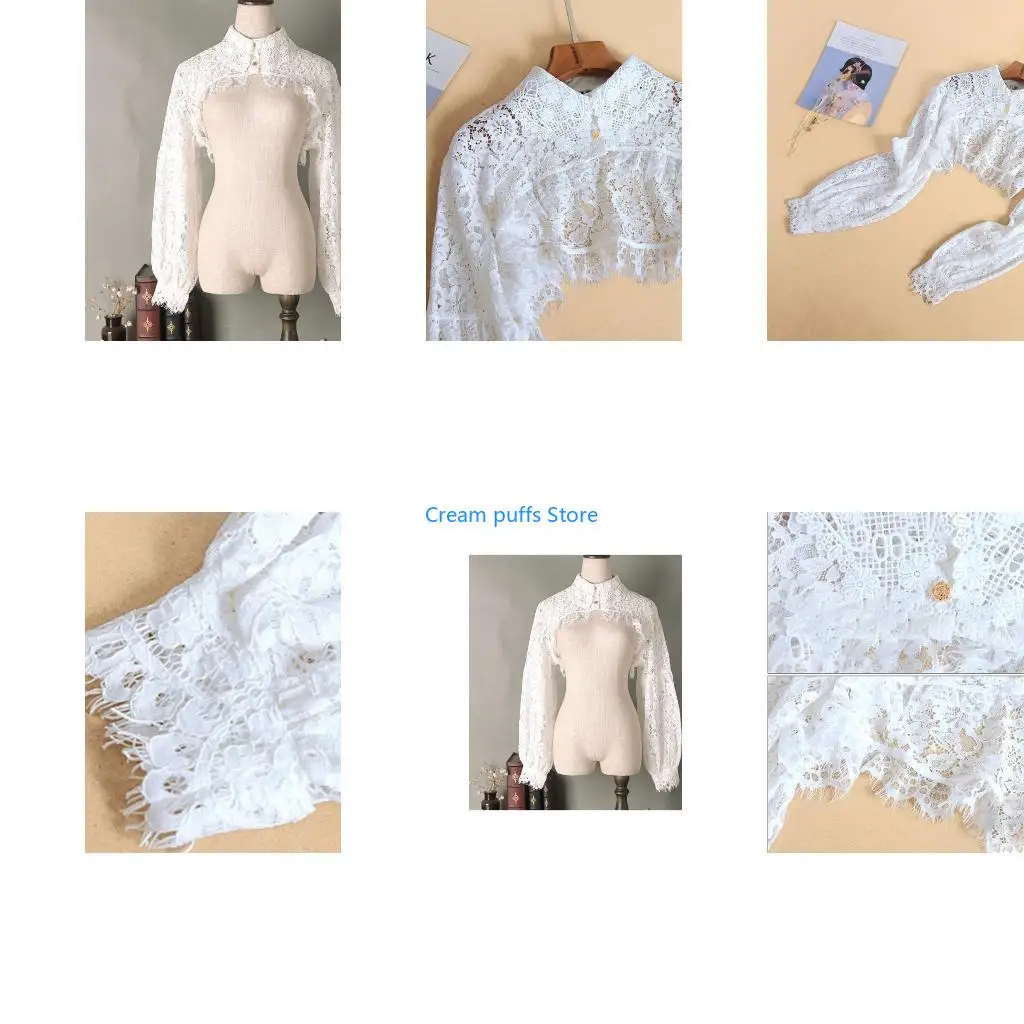 50LE Women Puff Long Sleeve Lapel Half Top Blouse Hollow Out Eyelash Floral Lace Detachable False Fake Collar Dickey Necklace