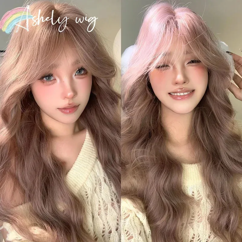 

Pink Brown Wig Long Wavy Wigs Fujiwara Mozi Rose Whispering Net Red Sweet Atmosphere Feeling Wig Female Synthetic Headband Wigs