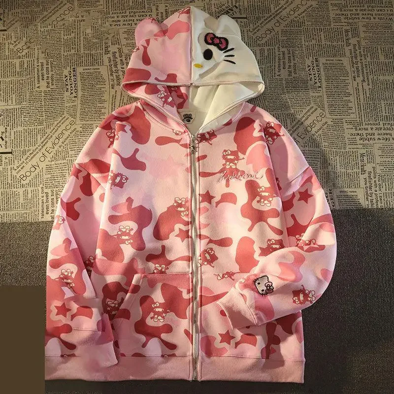 Hoşgeldiniz anlaşma amerikan Vintage trend Camo bahar ve sonbahar kış yeni stil gevşek tembel açık fermuar Kitty kedi ceket kadın Hoodie