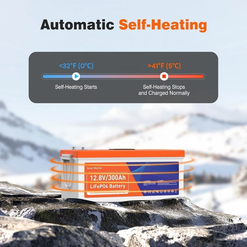 بطارية ليثيوم LiFePO4 ذاتية التسخين 12 فولت 300 أمبير في الساعة مع شاشة لمس ذكية وتطبيق بلوتوث، مدمجة 200 أمبير BMS، طاقة 2560 وات، 5000+ Cy