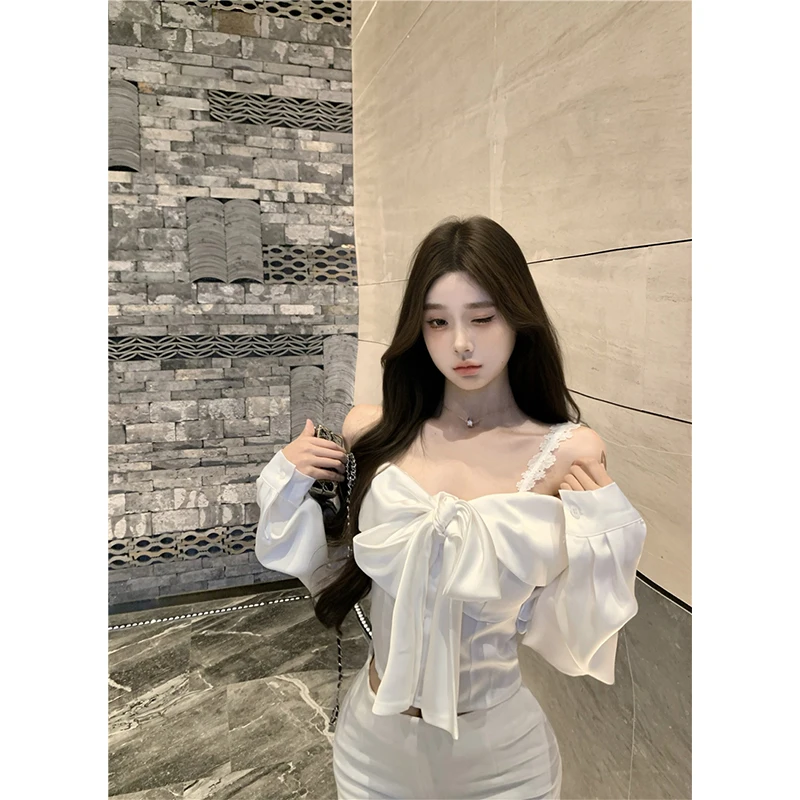 

MEXZT Elegant White Slash Neck Shirts Women Sexy Cropped Lace Bow Bandage Black Blouses Korean Fashion Satin Long Sleeve Tops