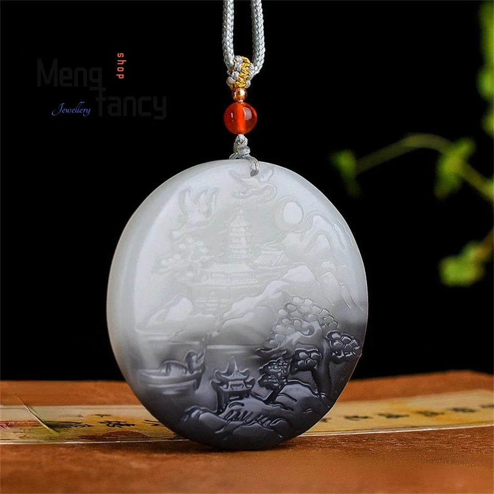 Natural Hetian Smoke Purple White Jade Landscape Plaque Pendant Exquisite Fashion Jewelry Best Selling Handicraft Holiday Gift