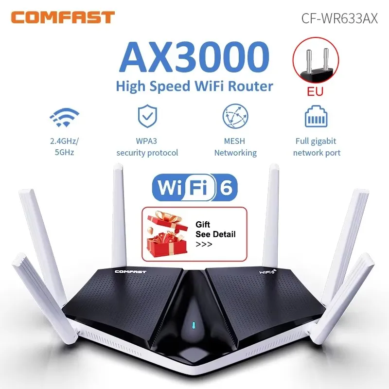 COMFAST AX3000 WIFI6 5GHz Mesh Wifi Router MU-MIMO Full Gigabit Wi-fi Cobertura 6 Antenas Red Extensor Amplificador para el hogar