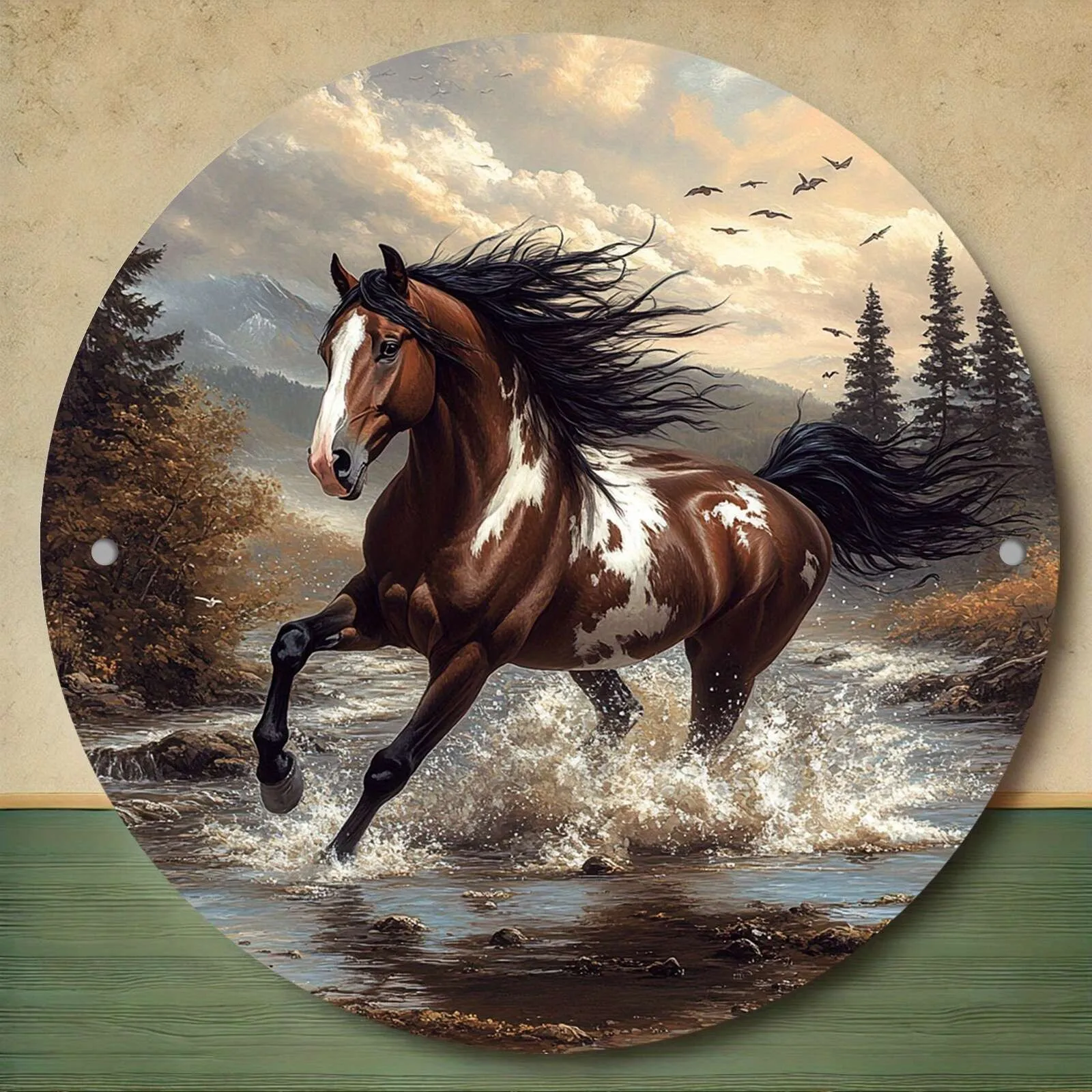 8x8in Round Aluminum Wall Art - Tin Metal Signs Galloping Horse River Scene with