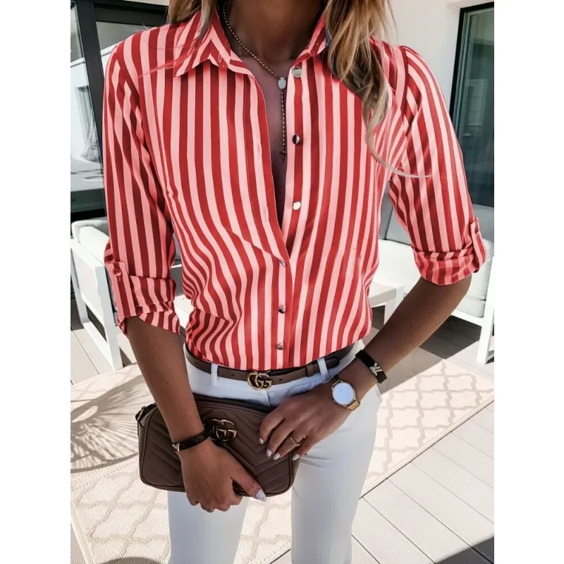 

Autumn Women's Commuting Printed Shirt Shirt with Lapel Rolled Up Sleeves Button Buttons Striped Casual Women's Shirt