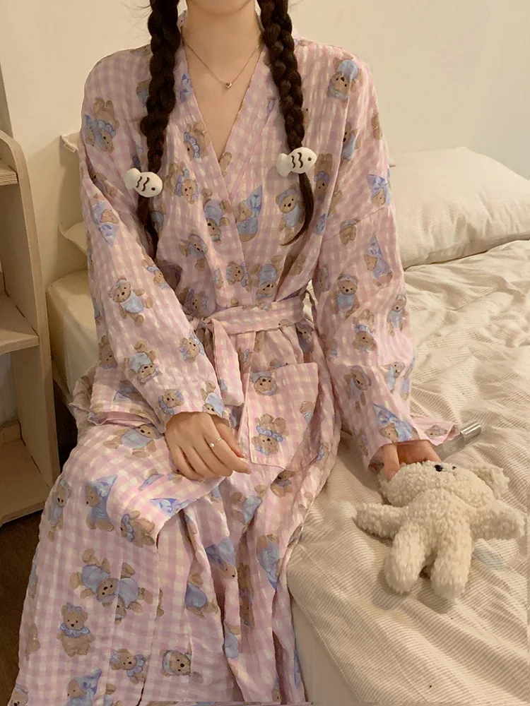 Bear New Home Cute Cartoon Autumn  Long Sleeve Nightgown Women Cardigan Plaid Sweet Casual Loose Girlish Style Sleepwear Ins