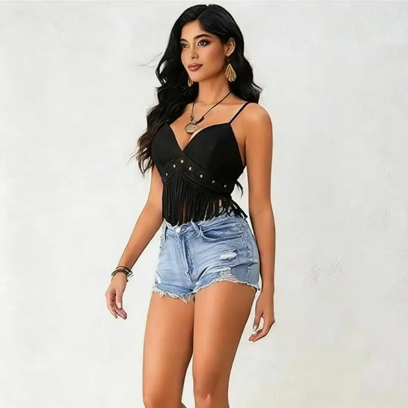 31BF Women's Faux Suedes Hippie Crop Top Sleeveless Camisole with Fringe for Dancing
