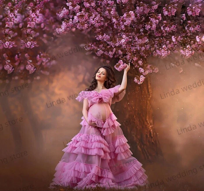 Sexy Pink Maternity Dress for Photography Off Shoulder Tiered Sheer Tulle Gala Robes Shooting Babyshower Photo Dressing Wear