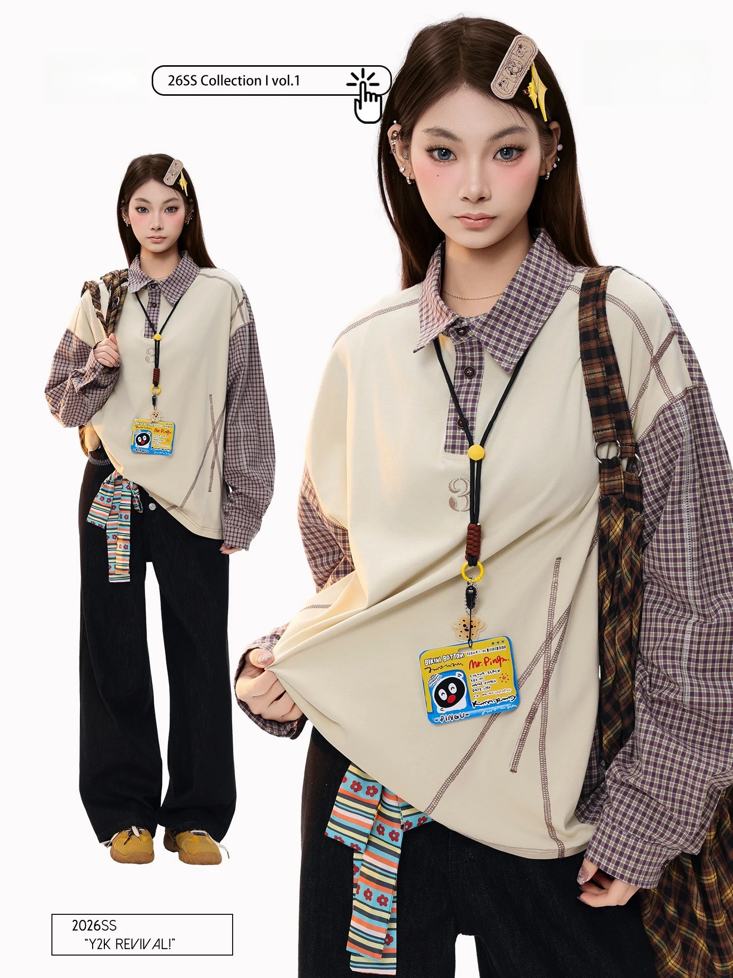 

Женская свободная длинная рубашка в стиле американского ретро с клетчатыми вставками, отложным воротником, для колледжа и повседневной носки