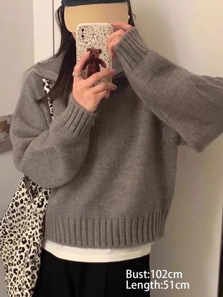 Rollkragen Süße Revers Lose Tops Beiläufige Gestrickte Elegante Koreanische Jumper Herbst Winter Lange Ärmeln Halb Zipper Pullover Pullover