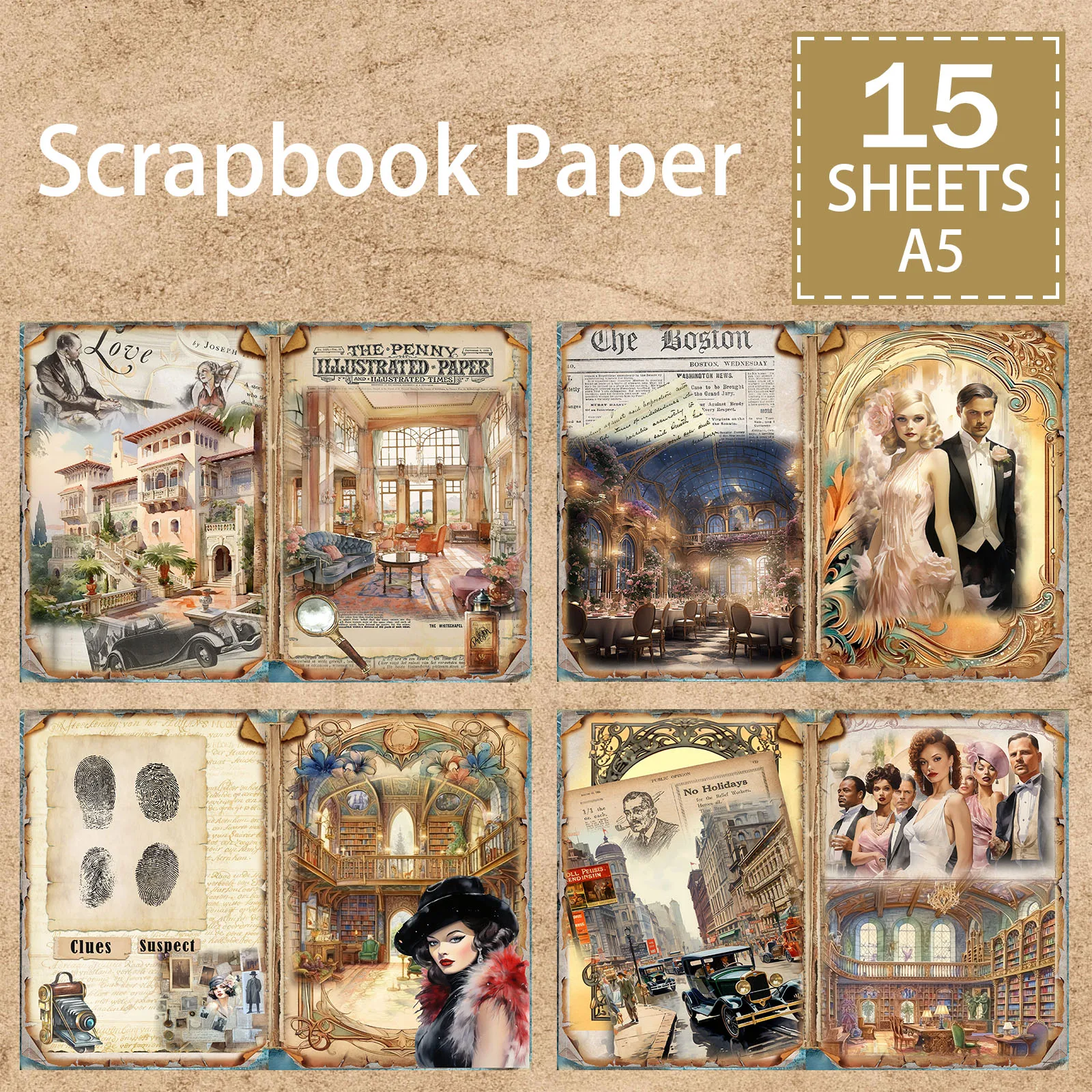 

15 листов формата А5, викторианский костюм, джентльменский женский винтажный автомобиль, фон, винтажный гранж, журнал, планирование, скрапбукинг