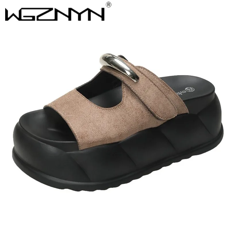 

7CM Heels Chunky Sandals Women Slip On High Platform Beach Slippers Woman Summer Thick Bottom Leather Flip Flops Sandalias Mujer