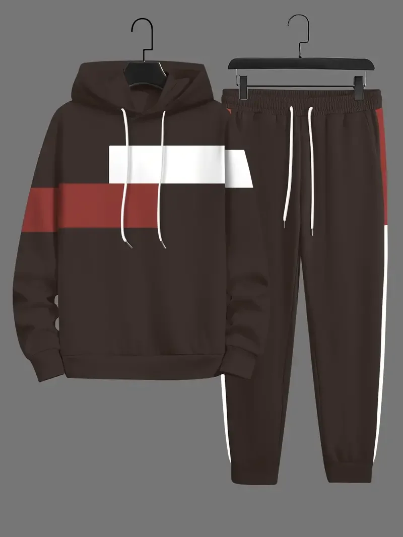 2-piece Color Block Men\'s Casual Tracksuit Set Casual Long Sleeve Drawstring Hoodie+ Jogging Pants Set Gym Running suits