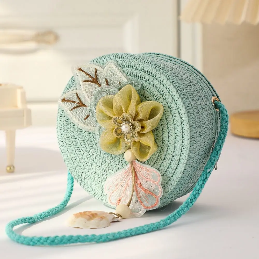 Coin Purse Round Shape Straw Bag Flower Woven Design Mini Handbag Handmade Crossbody Style Princess Handbag Princess Theme