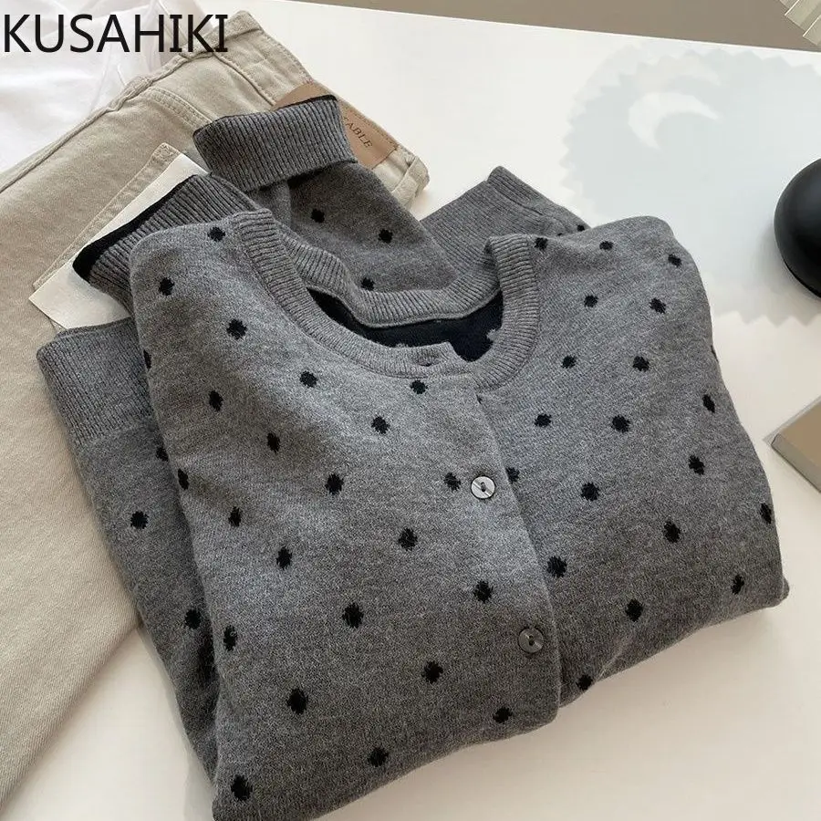 KUSAHIKI Polka Dot Knitted Sweater Cardigan Coat for Women Versatile Autumn Single Breasted Round Neck Knitwear Jacket Top