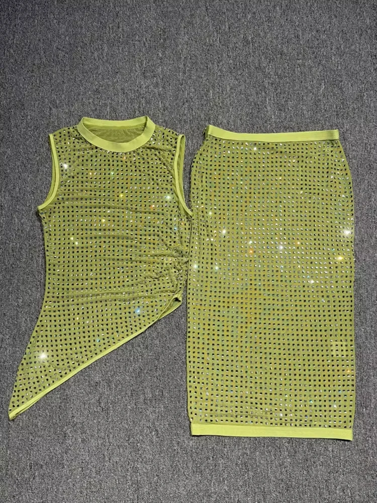 2025 Vrouwen Celebrity Sexy Mouwloze Groene Diamanten Midi Twee Stukken Rok Set Elegante Avond Club Party Outfits