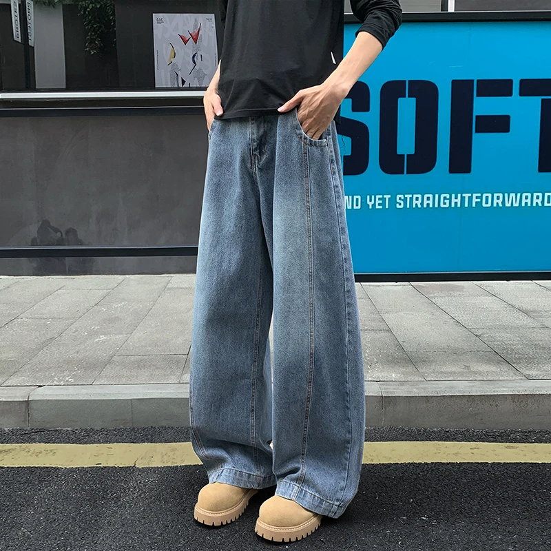 Men's Vintage Washed Baggy Jeans Stitched Panel Loose Wide Leg Denim Trousers Casual Streetwear Pants with Pockets for Spring