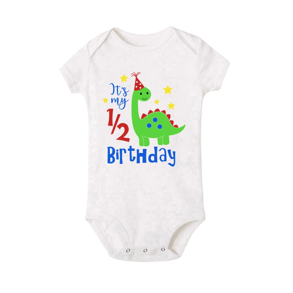 It\'s My 1/2 Birthday Dinosaur Print Baby Bodysuit Newborn Short Sleeve Jumpsuit Toddler Party Romper Clothes Infant Shower Gift