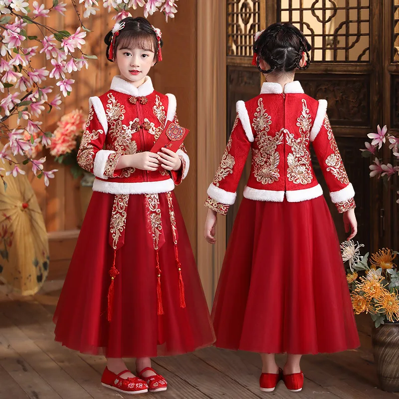 

Winter Kids Photography Perform Costumes New Girls Cotton Chinese Lovely Tang Suit Children Embroidery Ancient Hanfu