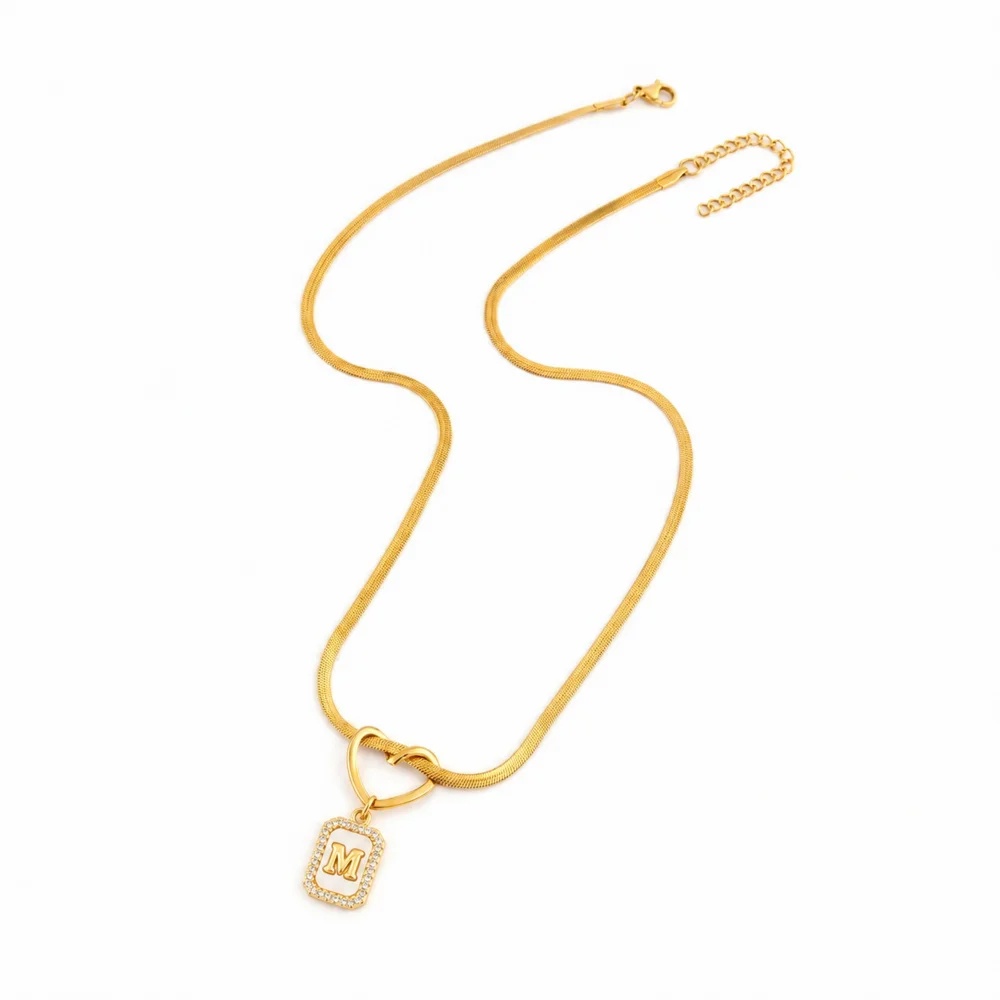 Initial-Charm-Schlangenkette, vergoldete Buchstaben-Halskette für Damen und Herren mit Herz-Knoten-Glied, rechteckiger Schmuck mit Zirkonia, Geschenk – Detail 1