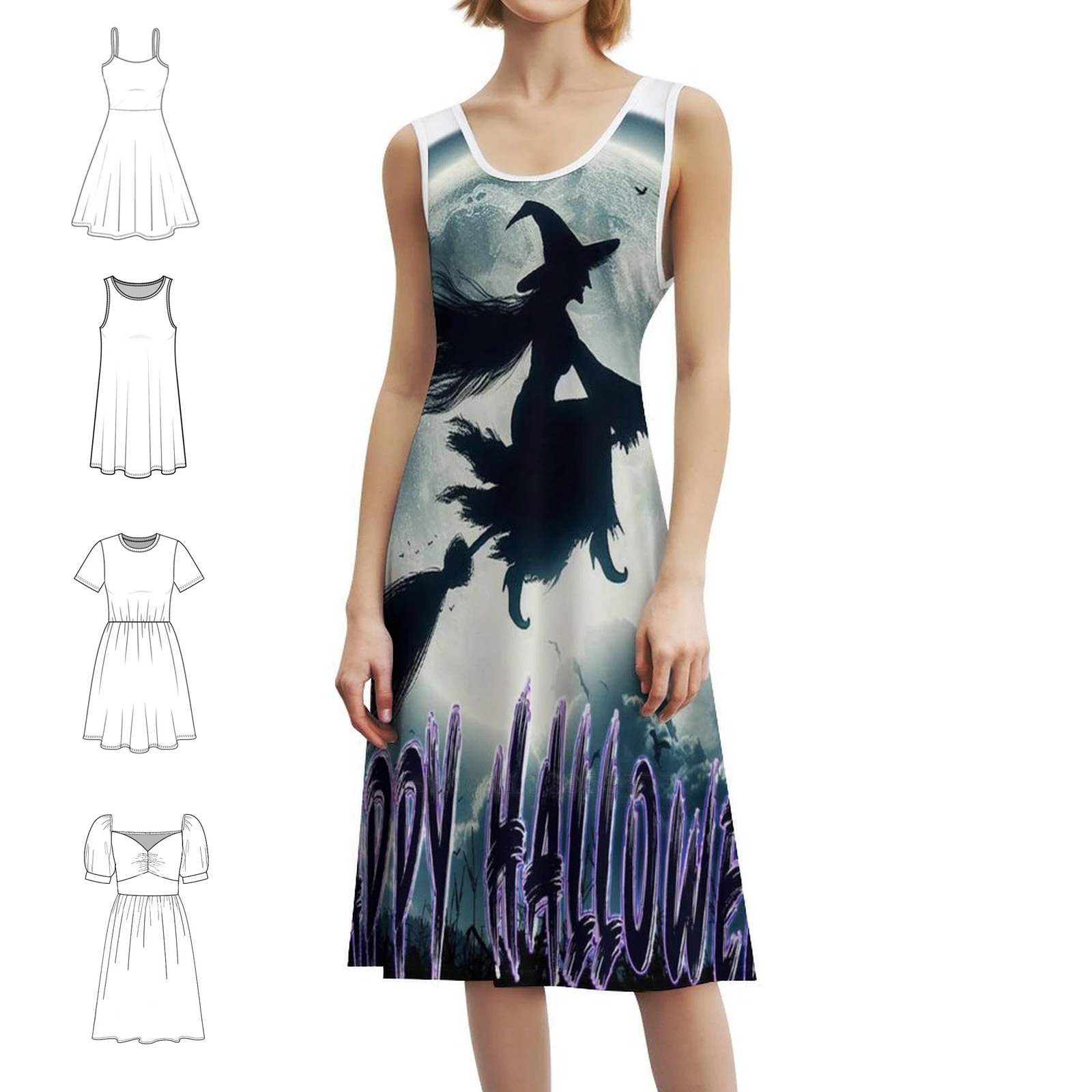 

Женское элегантное праздничное платье «Счастливый Хэллоуин», платье трапециевидной формы с короткими/длинными/опциями, Хэллоуин, ведьма, луна, метла, прически