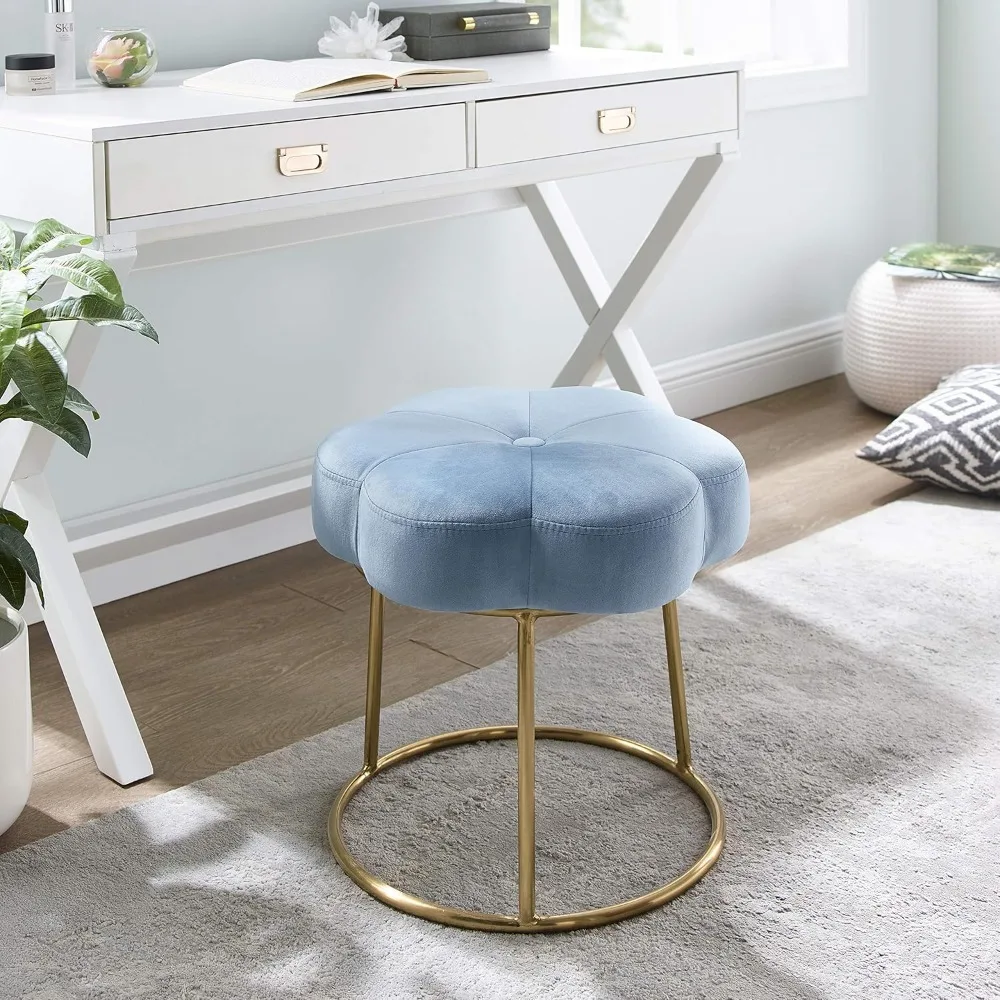 

Vanity Stool with Gold-plated Round Base and Padded Seat, Flower-inspired Shape in Light Blue Plush Velvet Fabric, Vanity Chair