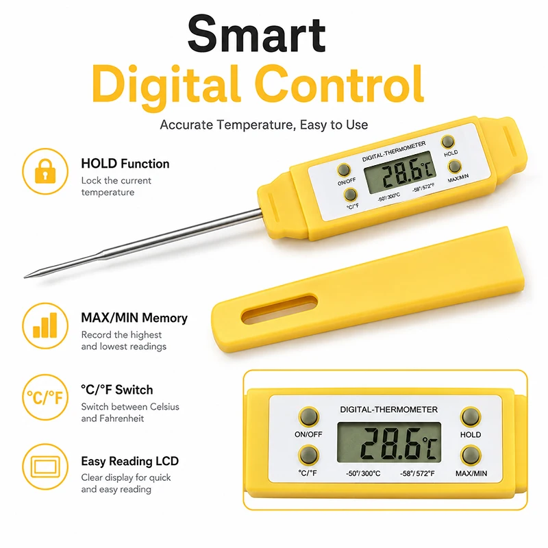 Digital Probe Food Thermometer, 304 Stainless Steel Meat Temperature Probe, Instant Read Thermometer for Coffee Milk BBQ Cooking